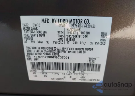 2015 Ford Explorer Xlt from USA, damaged, VIN 1FM5K7D80FGC37091